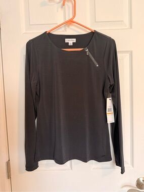 Calvin Klein Dark Gray Long-Sleeve Top with Asymmetric Zip